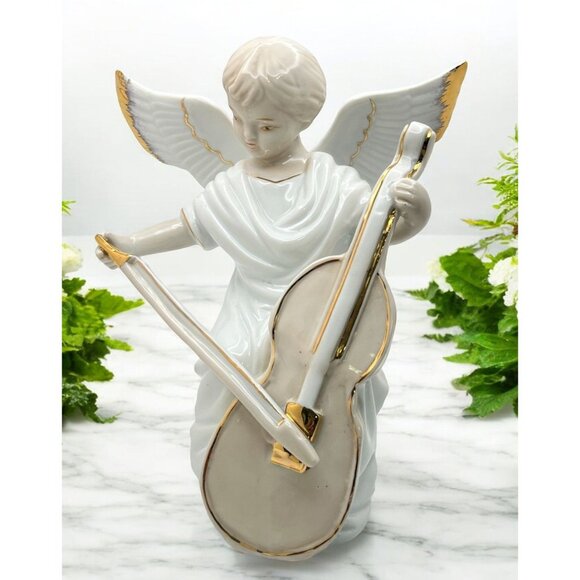 Vintage Porcelain Angel Figurine Playing Cello with Gold Trim Music Musician - Picture 1 of 9